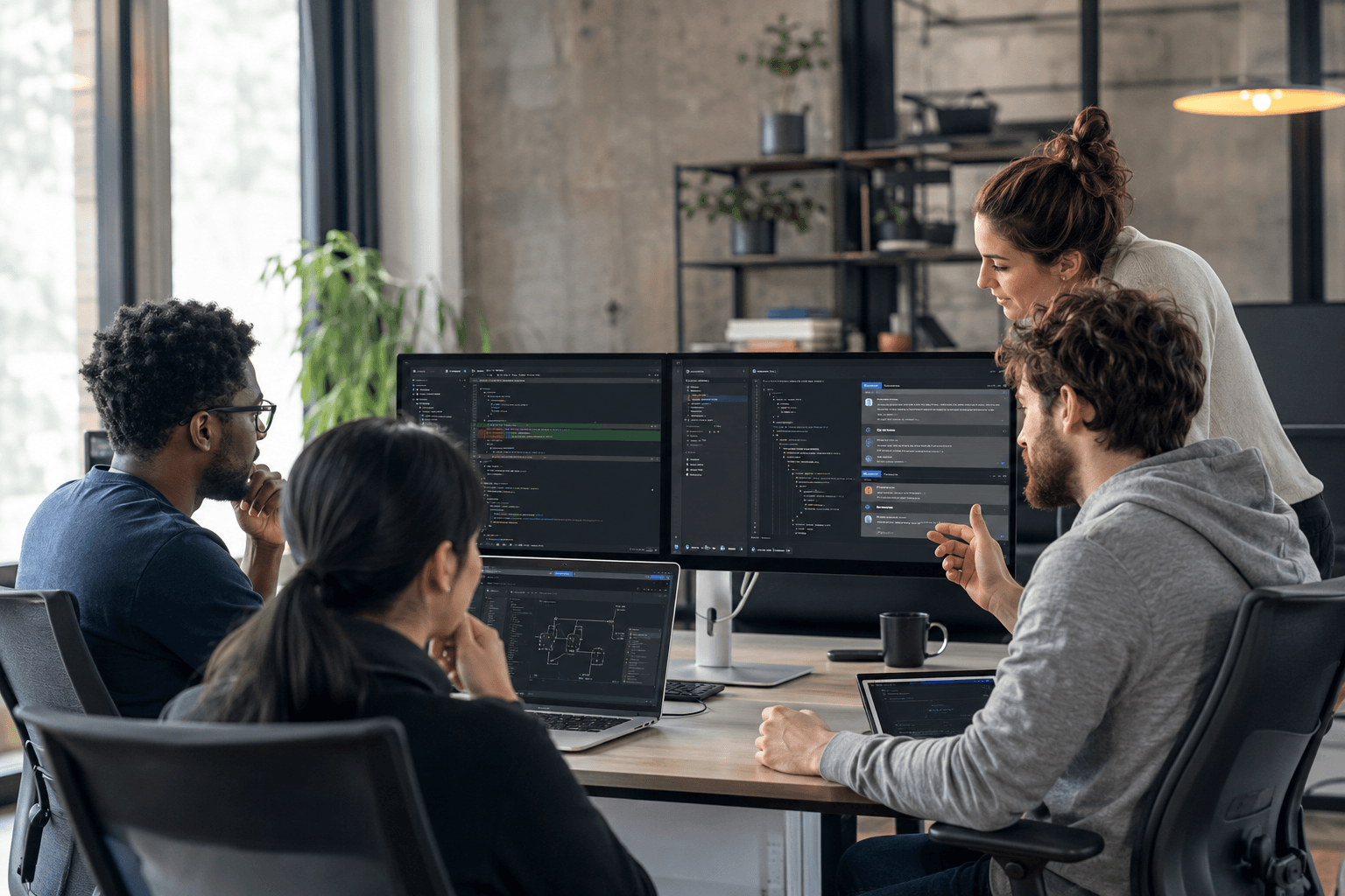 Engineers collaborating on AI-supported code review