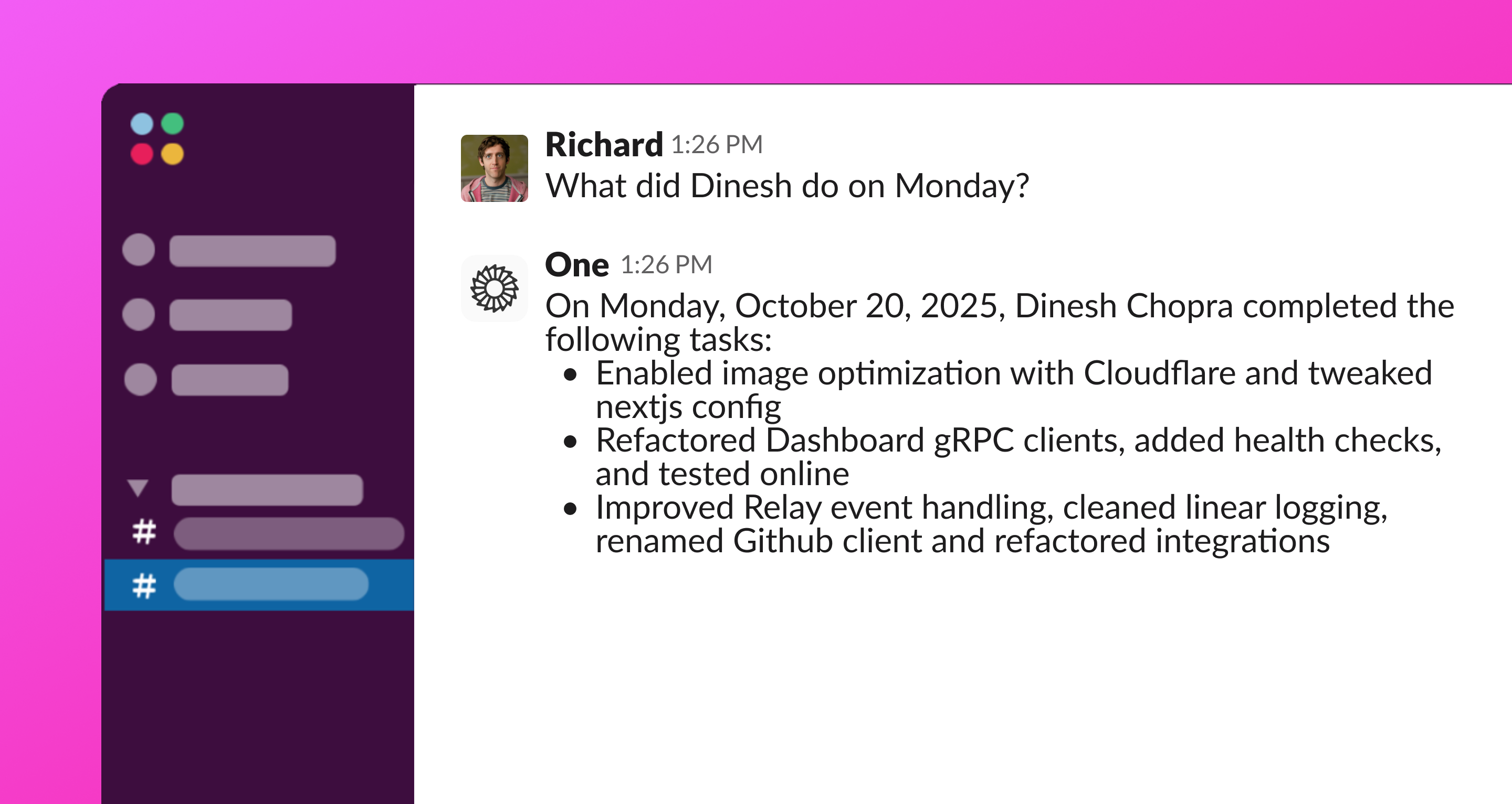 Asking the Slack bo who worked on what