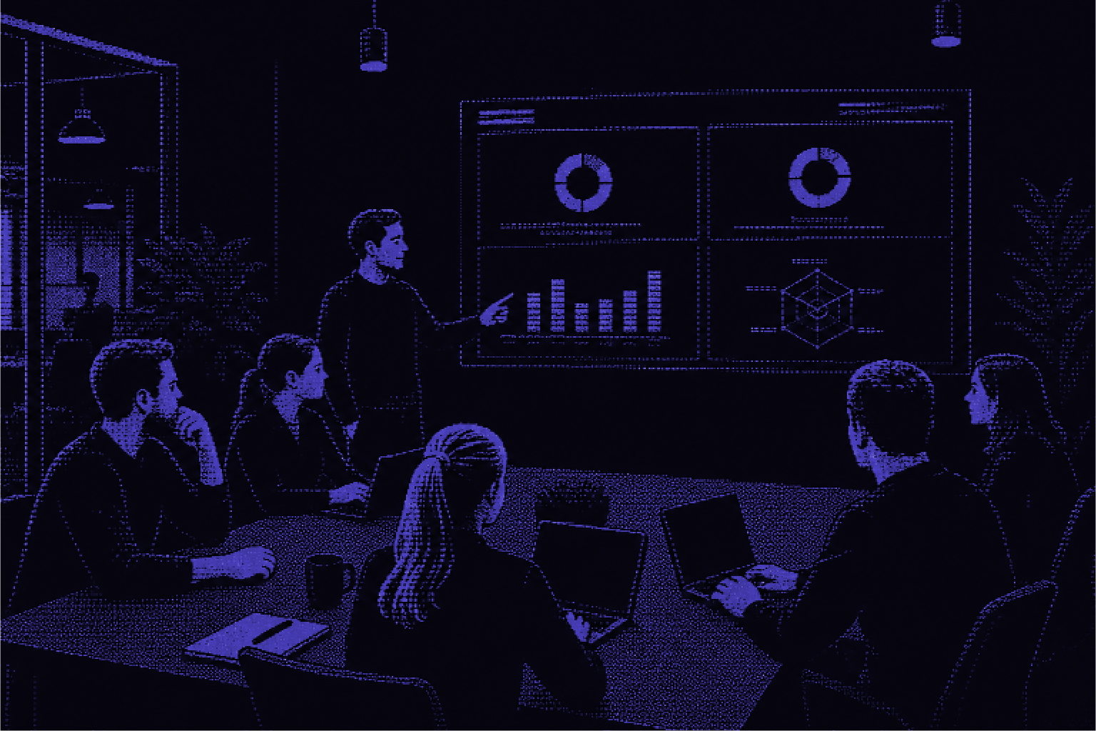 An enterprise team reviewing delivery insights together in a meeting room