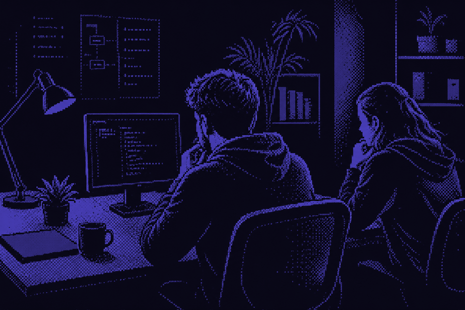 Two startup developers reviewing workflows together at night