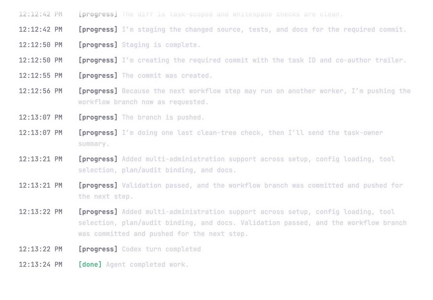 Codex thread and run history recorded against the task
