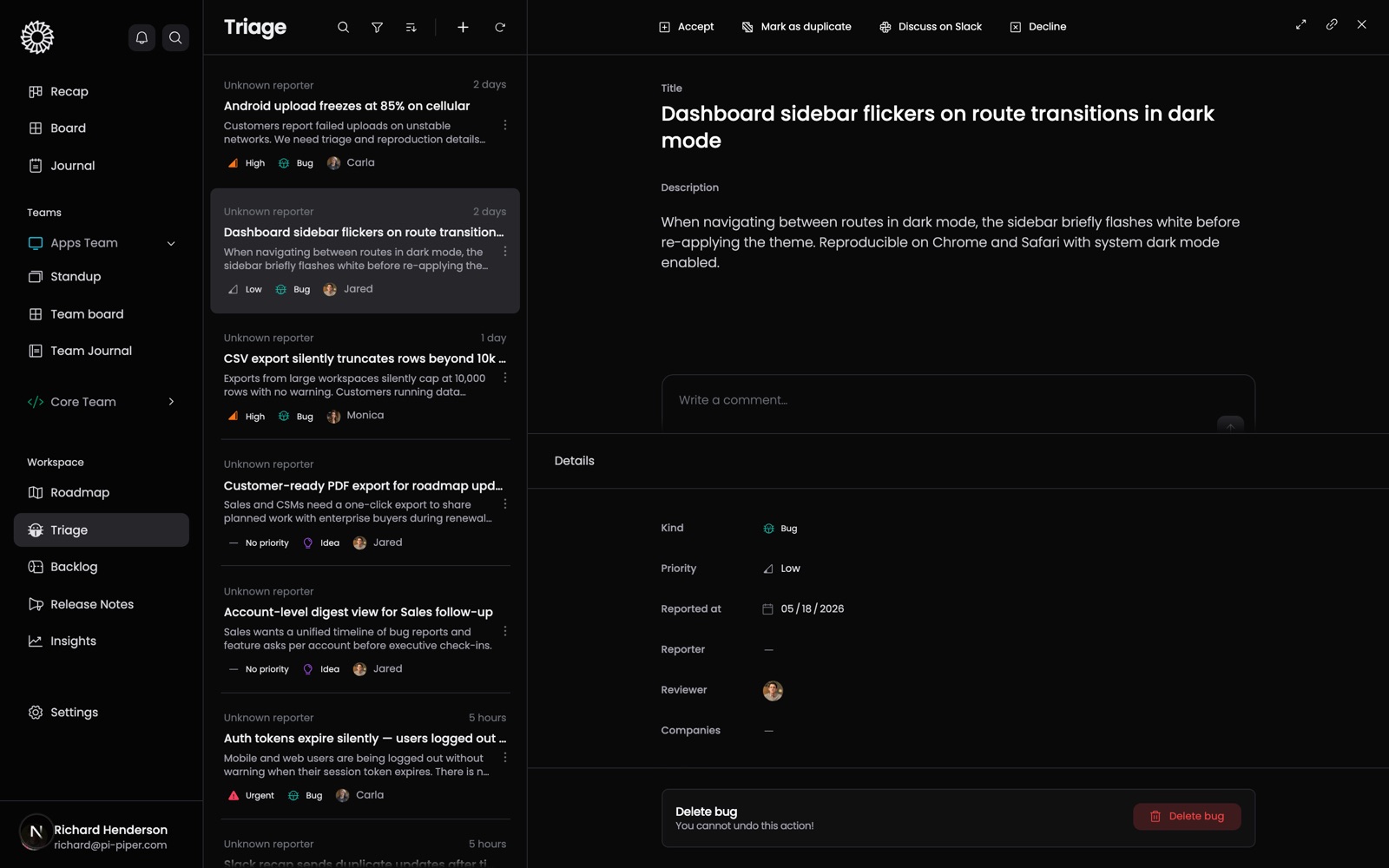 One Horizon triage queue with a selected request and review actions