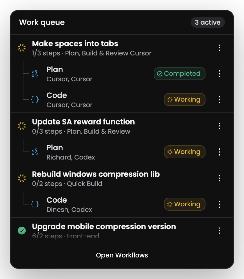 Parallel workflow queue with running, queued, and stalled agent work